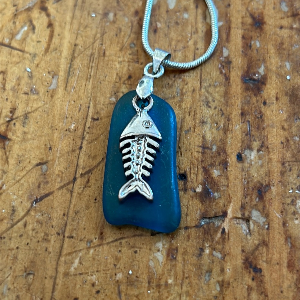 Sterling silver and Teal blue sea glass Fish Pendant Necklace